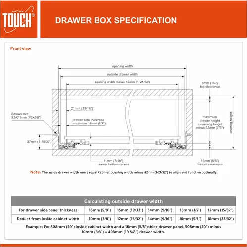 Miniatura 5 de TOUCH Diapositivas de cajón de montaje inferior, apertura a presión (1 par, 9 pulgadas 9.016 in) para panel lateral de 1/2 y 5/8 pulgadas, guía