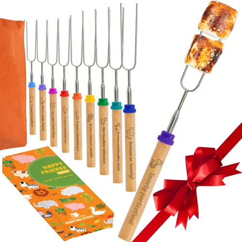 CARPATHEN Juego de 10 palitos para asar malvaviscos con asas bellamente grabadas, perfectas como regalo, brochetas telescópicas de acero inoxidable
