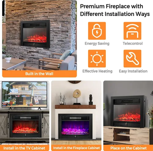 Miniatura 10 de Giantex Inserto de chimenea eléctrica de 28.5 pulgadas, empotrado/montado en la pared, chimenea independiente con control remoto, 3 llamas