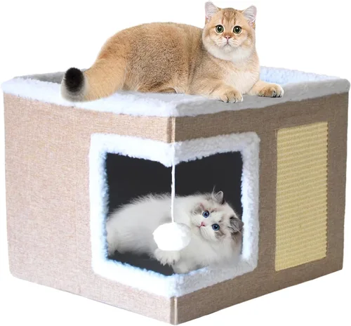 Cama para gatos de interior, casa cubo, cama grande cubierta para gatos, cueva y muebles con bola esponjosa y almohadilla para rascar, nido y