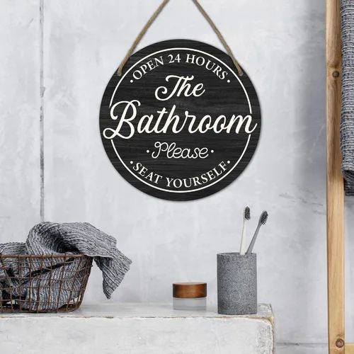 Miniatura 3 de Divertidos letreros decorativos para baño, con texto en inglés «Bathroom Open 24 Hours Please Seat Yourself», letrero colgante de madera rústica