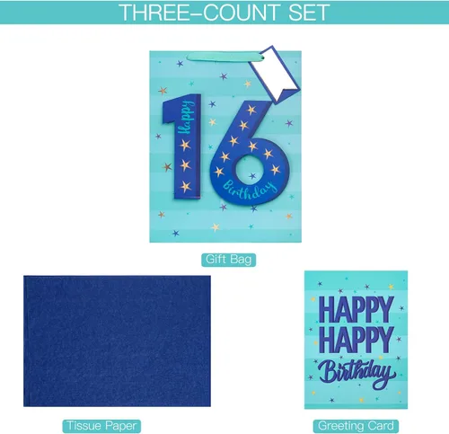Miniatura 6 de Loveinside Bolsa de regalo azul de cumpleaños con papel de seda, etiqueta de regalo y tarjeta de felicitación para niños, adolescentes, fiestas