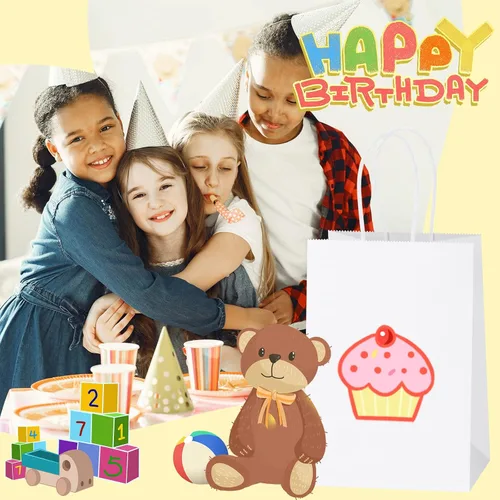 Miniatura 5 de SHOPDAY 45 piezas Bolsas de papel blanco con asas, tamaños surtidos Bolsas de regalo a granel Bolsas de papel kraft 5x3x8 & 8x4x10.5 & 10x5x13 15