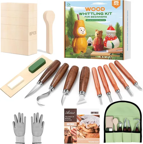 IMYMEE Kit de corte de madera para principiantes, juego completo de tallado con 4 cuchillos de tallado de madera y 8 bloques de madera de tilo, kit