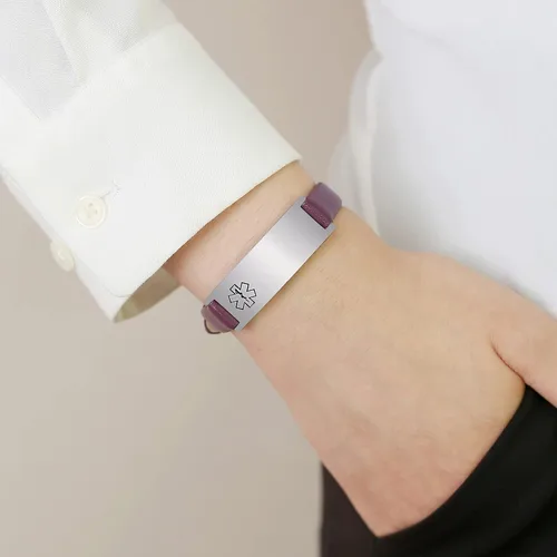 Miniatura 69 de MPRAINBOW Pulsera de alerta médica personalizada para mujer, correa de reloj de cuero genuino, grabado de doble cara, diabetes, epilepsia, joyería