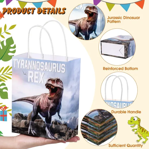 Miniatura 3 de Pajean 24 bolsas de caramelos de dinosaurio con asa, bolsas de papel de recuerdo de fiesta de dinosaurios, regalos para niños, envoltura