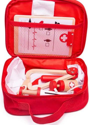 Miniatura 2 de Bigjigs Toys Juego de médicos para niños, juego de médicos de madera de 10 piezas con estetoscopio para niños, termómetro, medicina y más en estuche