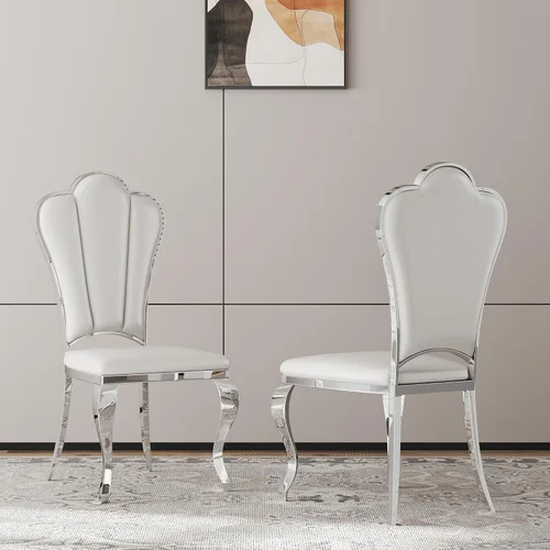 Miniatura 35 de Juego de 2 sillas con 2 sillas de comedor de piel sintética blanca, silla de cocina moderna con respaldo ovalado y patas de acero inoxidable