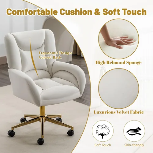 Miniatura 4 de Silla de oficina en casa de terciopelo giratoria de 360°, base de metal dorado, ruedas universales, sillón ergonómico de altura ajustable moderna