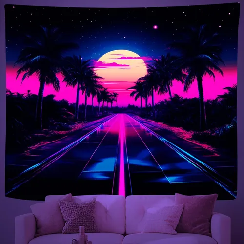 Miniatura 11 de Tapiz de sol de neón de luz negra, tapiz de silueta de palmera de ciudad que brilla en la oscuridad, tapiz para colgar en la pared, reactivo a