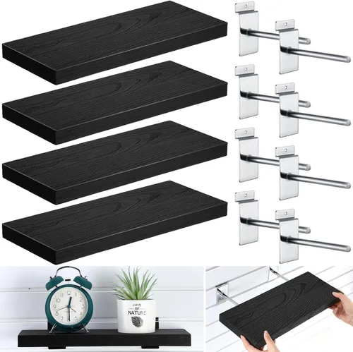 Miniatura 8 de Landical Paquete de 4 estantes de madera de pared de tablones, 16.1 pulgadas de profundidad x 6.7 pulgadas de ancho x 1.1 pulgadas de alto, estantes