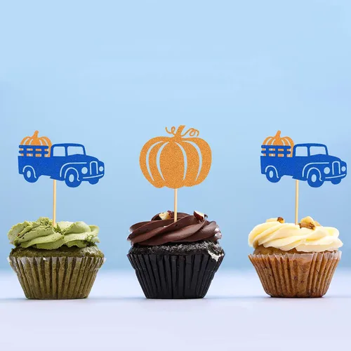 Miniatura 4 de Ercadio Paquete de 24 adornos de calabaza para cupcakes con purpurina de cosecha de otoño, calabaza, cupcakes, decoraciones para calabaza, tema
