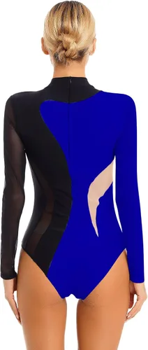 Miniatura 2 de iiniim Leotardo de malla para mujer, con diamantes de imitación, de malla, de manga larga, leotardos de gimnasia