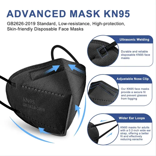 Miniatura 5 de Mascarillas Faciales KN95 Negras para Adultos - Paquete de 100 Mascarillas Desechables Cómodas de Seguridad de 5 Capas y 5 Extensores de Mascarillas