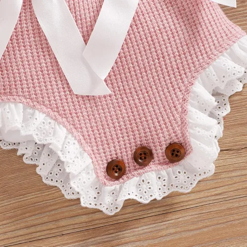 Miniatura 5 de Mameluco de una sola pieza de algodón y lino para bebé niña con volantes, sin mangas, con volantes, gorro