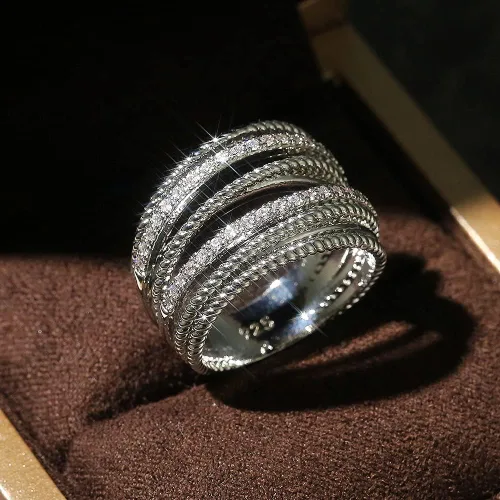 Miniatura 2 de Anillo de plata de ley 925 con circonita cúbica brillante, anillo de compromiso de eternidad para mujer (código 6 de EE. UU.)