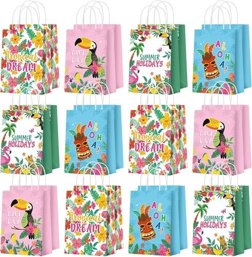 Outus 24 Piezas Bolsas de Favor de Fiesta Hawaiana de Verano Bolsas de Papel de Regalo Tropical Goodie con Asas Aloha Tiki Luau Hojas de Palma