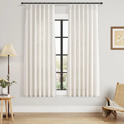 Miniatura 32 de Juego de 2 paneles de cortinas de ventana de cocina beige de 24 pulgadas de largo, con textura de lino, plisadas, filtrantes de luz, semi pequeñas