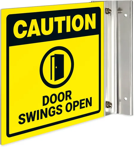 Miniatura 7 de Caution Doors Swings - Letrero de proyección abierto, doble cara, 6 x 6 pulgadas, ACM, con accesorio negro satinado, fabricado en Estados Unidos