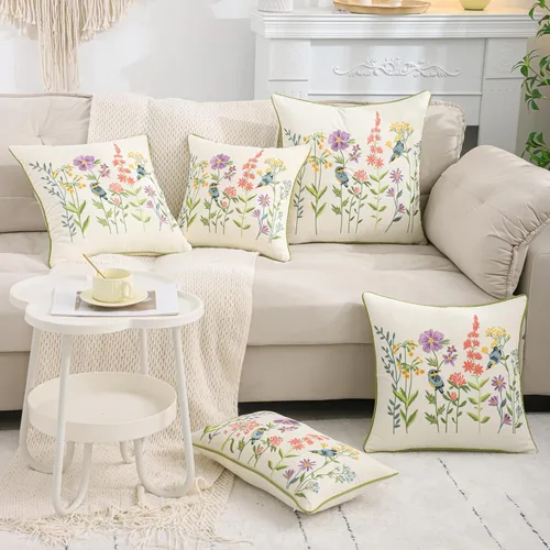 Miniatura 9 de Juego de 2 fundas de almohada bordadas de 16 x 16 pulgadas, diseño vintage de pájaros con flores, fundas de almohada de granja para almohada, fundas