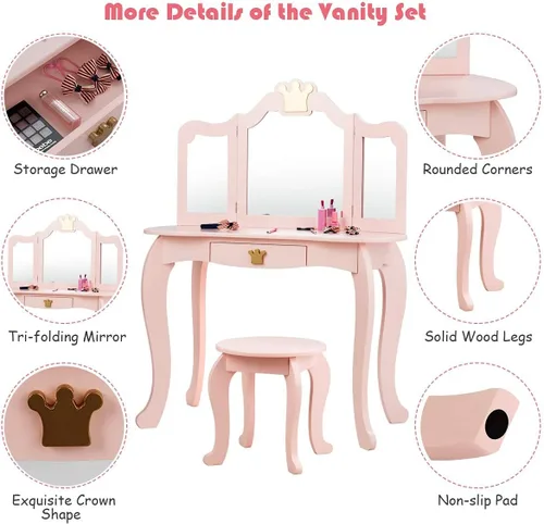 Miniatura 4 de HONEY JOY Tocador Infantil, Juego de Mesa y Silla de Maquillaje Temática de Corona para Niños con Cajón y Espejo Plegable, Espejo Desmontable, Juego