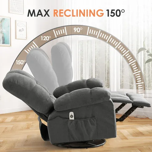 Miniatura 5 de Grey 360° Massage Swivel Recliner Chair with Vibration Massage and Lumbar Heating for Adults, Oversized Rocking Recliner Chair with Side Pocket and