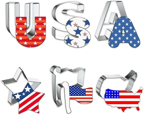 Juego de 6 cortadores de galletas patrióticos de Estados Unidos, 250 aniversario, bandera estadounidense, moldes para vacaciones, fiestas