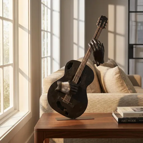 Miniatura 6 de SunBlogs Art - Decoración de guitarra de metal de 23 pulgadas de alto, escultura musical hecha a mano (negro) Hand-painted Metal Statue, Western