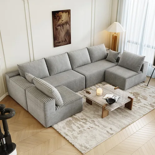 Miniatura 22 de Sofá seccional modular de 139.4", sofás minimalistas en forma de U con 2 otomanas chaise, sofá cama convertible moderno de asiento profundo, tela