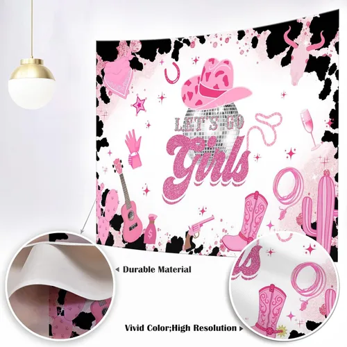 Miniatura 2 de Mocsicka Telón de fondo de disco de vaquera rosa con texto en inglés "Let's Go Girls", pancarta de cumpleaños para despedida de soltera, fin