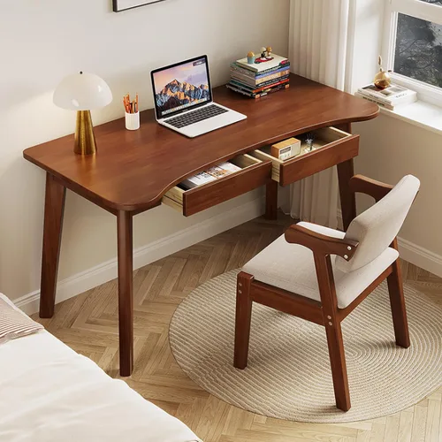 Miniatura 4 de Escritorio para computadora con 2 cajones, escritorio moderno de oficina en casa, mesa de estudio curvada de madera maciza (39 pulgadas, natural)