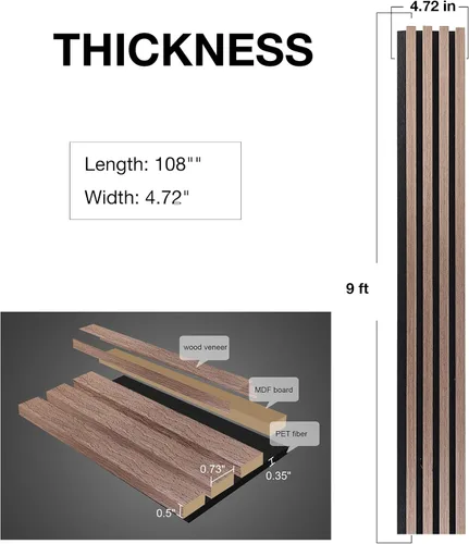 Miniatura 4 de NeatiEase Paneles de pared de madera, paneles de pared acústicos de listones de 9 pies para decoración de pared interior y reducción de ruido, Roble