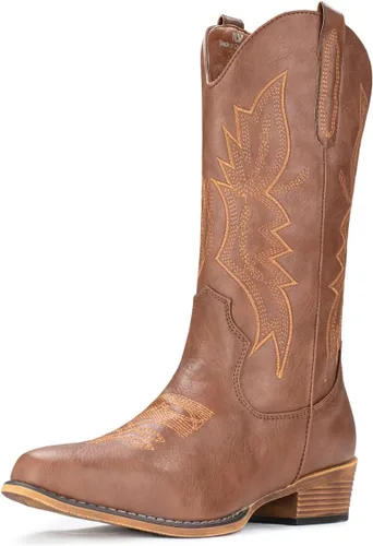 Miniatura 3 de IUV Botas vaqueras para mujer, botas vaqueras, botas vaqueras con punta puntiaguda, botas de media pantorrilla