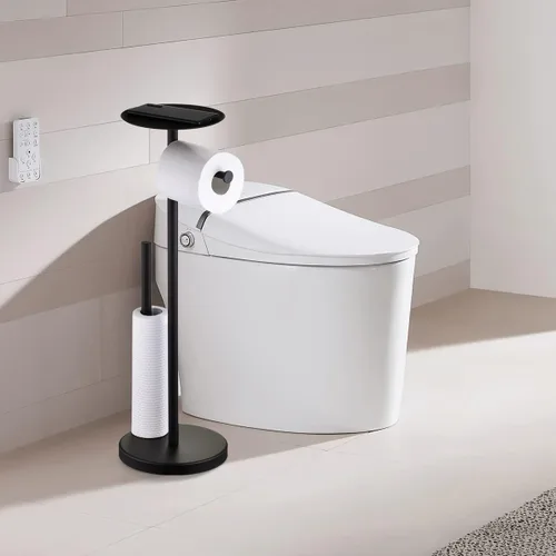 Miniatura 2 de Soporte de papel higiénico con estante, Soporte de rollo de papel higiénico independiente con reserva de almacenamiento, Soporte de piso dispensador