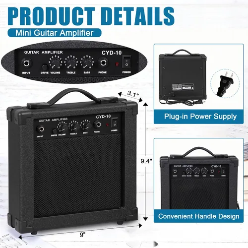 Miniatura 8 de Guitarra eléctrica de tamaño completo de 39 pulgadas, kit de iniciación para principiantes con amplificador de 10W, púas, cuerdas, barra de trémolo
