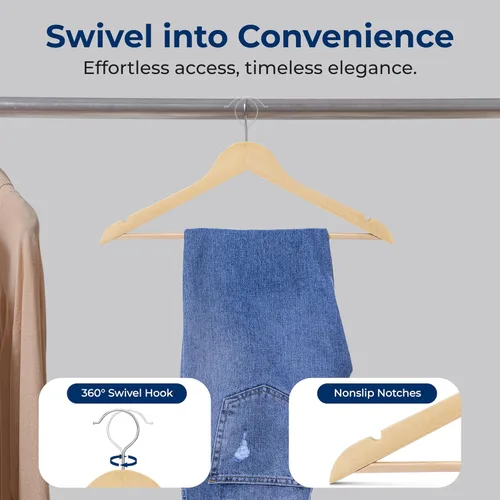 Miniatura 6 de SereneLife Paquete de 30 perchas de madera resistente – Juego de perchas de madera maciza con gancho giratorio de 360°, barra para pantalones