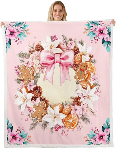 Gingerbread Man Garland Flannel Blanket,Watercolor Christmas Flowers Bedroom Living Room Soft Cozy Fleece,Pink Bowknot Xmas Blankets Decor for Bed