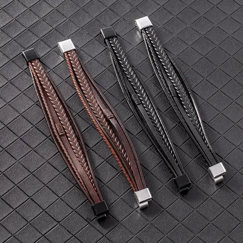 Miniatura 5 de Arcutina Pulsera trenzada marrón casual de cuero negro para hombre