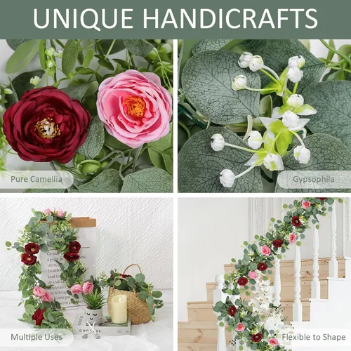 Miniatura 18 de TOCHGREEN Paquete de 2 Guirnaldas de Flores de Eucalipto Artificial de 12 Pies con Rosas Champán, Guirnalda de Flores de Rosa Falsa Verdor