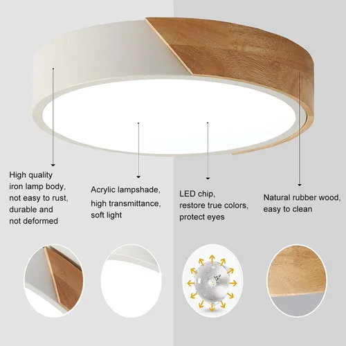 Miniatura 6 de Lámpara de techo de montaje empotrado, lámpara LED de techo de 12 pulgadas, blanco mate con madera, 4500 K/24 W (equivalente a 150 W), no regulable
