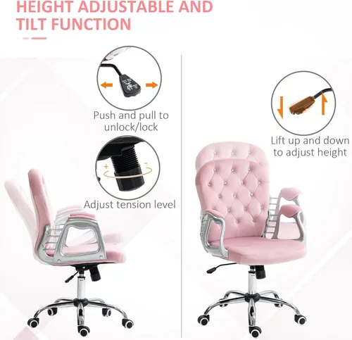 Miniatura 4 de Vinsetto Silla de oficina en casa de terciopelo, silla de escritorio con botones copetudos con reposabrazos acolchados, altura ajustable y ruedas