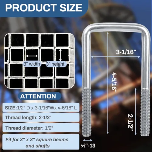 Miniatura 2 de 4 juegos de pernos en U cuadrados de acero inoxidable 304, pernos en U de 3 pulgadas de ancho, 1/2" D x 3-1/16" W x 4-5/16" L pernos en U