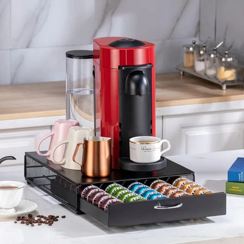 Miniatura 8 de FlagShip Soporte para cápsulas Nespresso, organizador de cápsulas Vertuo, diseño de barra de café y soporte para cafetera, metal negro