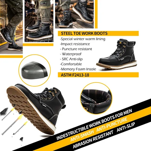 Miniatura 3 de KELODON Botas impermeables con punta de acero para hombres, botas de trabajo de cuero de 6 pulgadas, botas de construcción indestructibles, botas
