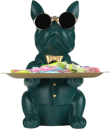 Estatua moderna de decoración de resina de Bulldog en bandeja, bandeja de almacenamiento, soporte para llaves, bandeja para caramelos, joyas, Verde