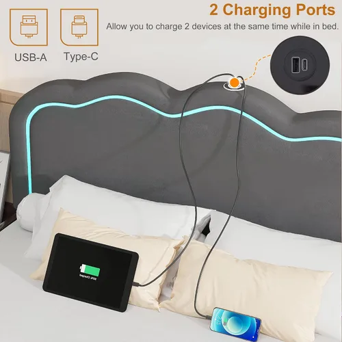 Miniatura 4 de VECELO Marco de Cama Full Tapizado con Cabecero Ajustable, Luces LED, USB-A y Tipo C, Cama Plataforma de Terciopelo Sin Ruido, Base de Colchón