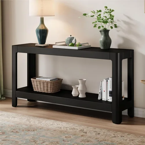 Miniatura 3 de Elegante mesa consola de 63 pulgadas con chapa de pino y patas geométricas, aparador de buffet versátil, mesa auxiliar de madera extra larga
