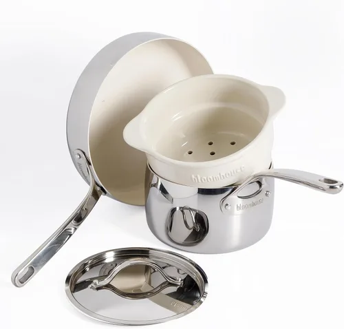 Bloomhouse Juego de 4 ollas y sartenes de acero inoxidable triple con interior de cerámica antiadherente no tóxico e inserto de vapor de cerámica