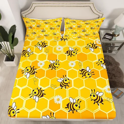 Miniatura 16 de Juego de ropa de cama de nido de abeja, sábana bajera ajustable de abeja para niños y niñas, diseño geométrico de vida silvestre voladora, juego