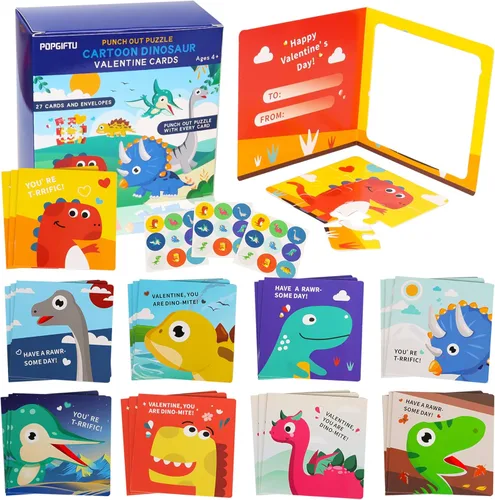 Rompecabezas del día de San Valentín para niños, paquete de 27 tarjetas de rompecabezas de dinosaurio con sobres y calcomanías a granel, para la
